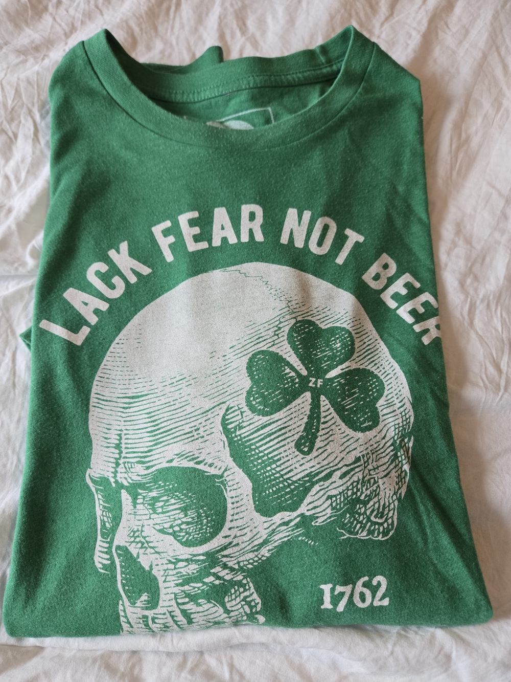 Zero Foxtrot Lack Fear Not Beer T Shirt Mens Large Green Skull Shamrock 1762